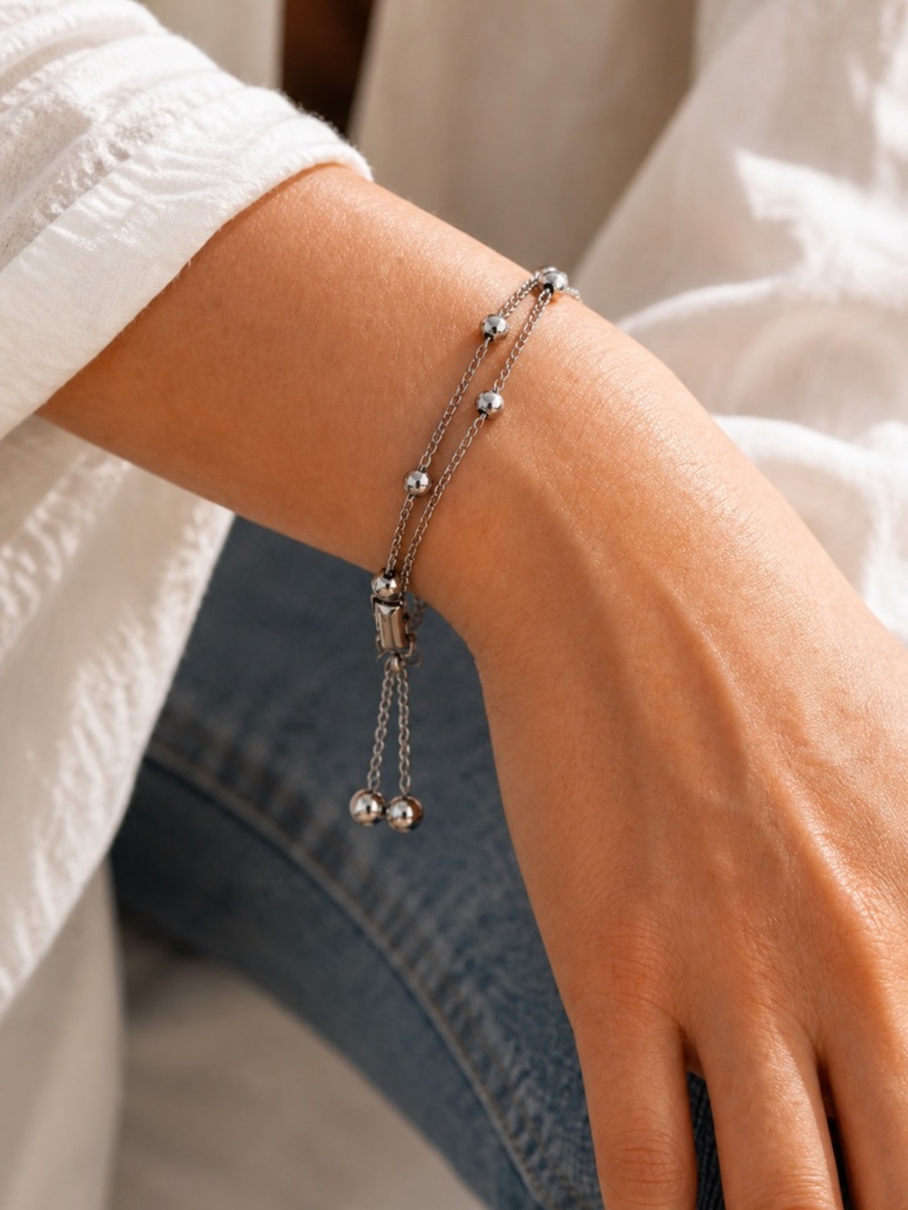 Vintage Coro Silver Tone Double Chain Bracelet Bead Station Dangle Signed